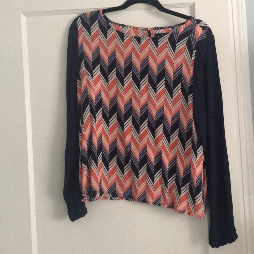 Navy & orange pattern blouse. Super cute for fall!